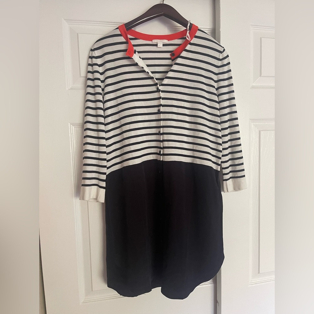 Cos Dress Cotton Silk Size Small Striped Navy Button Front 3/4 Sleeves Office